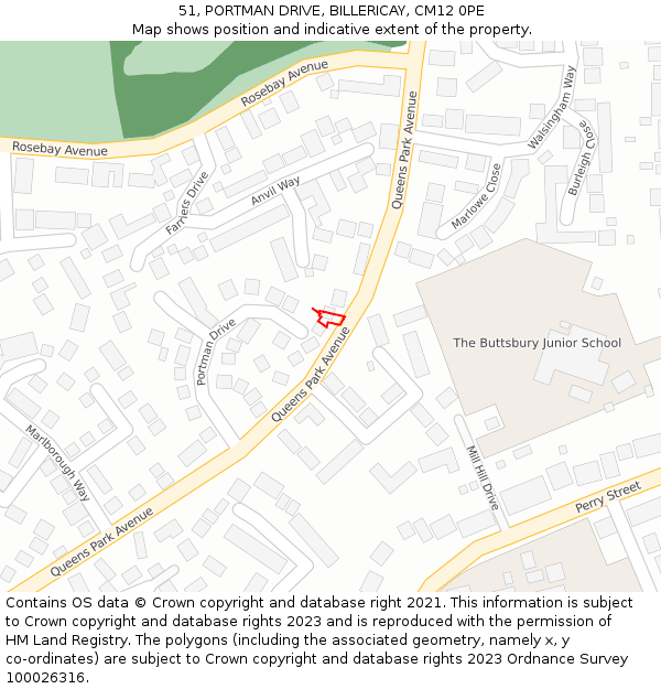 51, PORTMAN DRIVE, BILLERICAY, CM12 0PE: Location map and indicative extent of plot