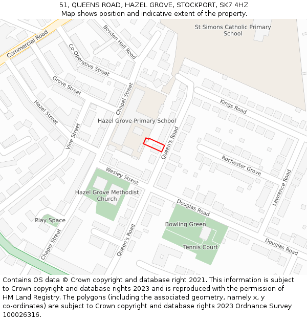 51, QUEENS ROAD, HAZEL GROVE, STOCKPORT, SK7 4HZ: Location map and indicative extent of plot