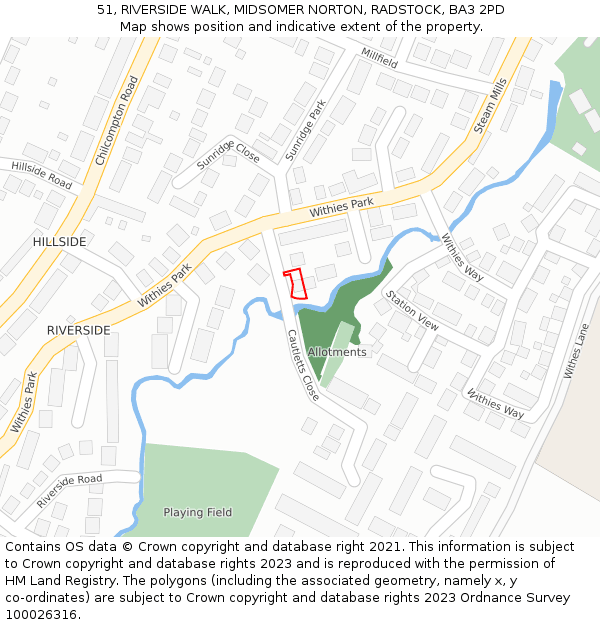 51, RIVERSIDE WALK, MIDSOMER NORTON, RADSTOCK, BA3 2PD: Location map and indicative extent of plot