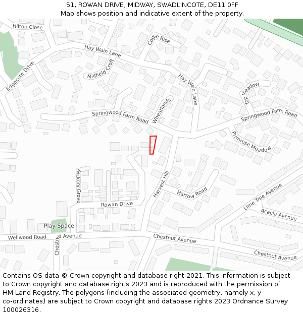 51, ROWAN DRIVE, MIDWAY, SWADLINCOTE, DE11 0FF: Location map and indicative extent of plot