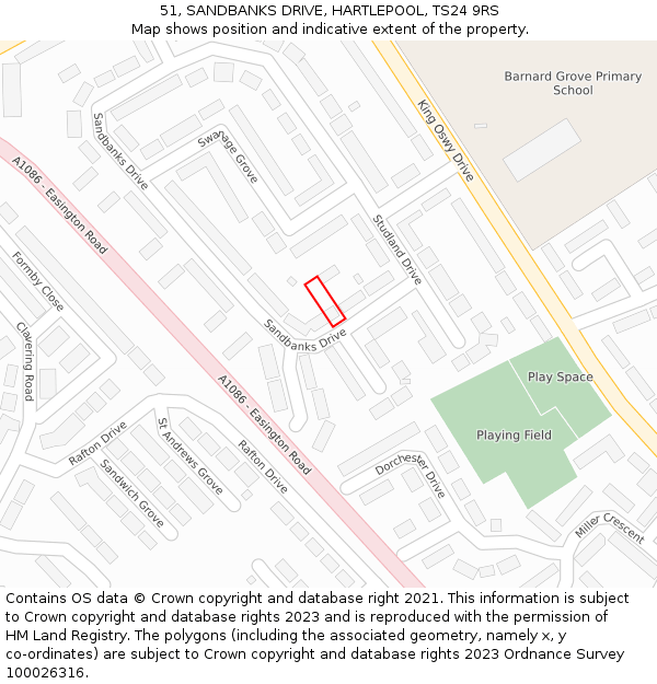 51, SANDBANKS DRIVE, HARTLEPOOL, TS24 9RS: Location map and indicative extent of plot