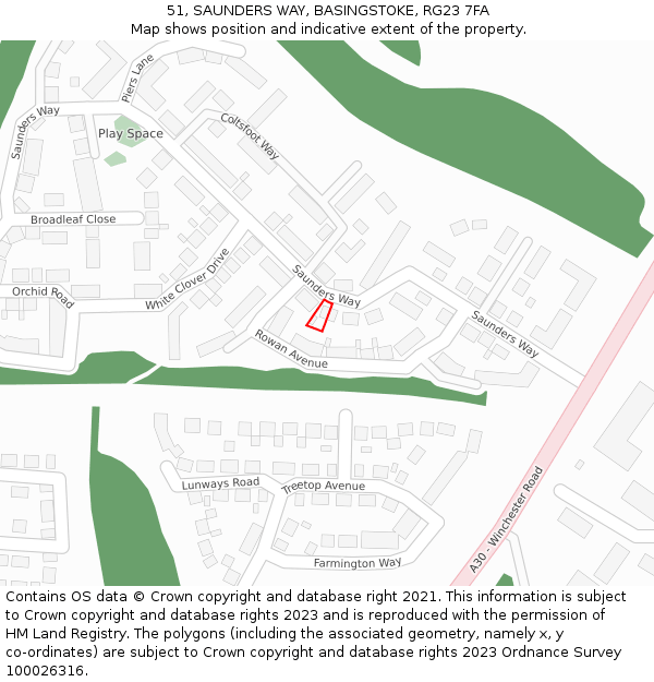 51, SAUNDERS WAY, BASINGSTOKE, RG23 7FA: Location map and indicative extent of plot