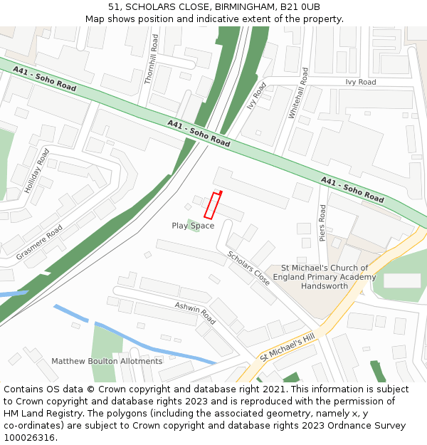 51, SCHOLARS CLOSE, BIRMINGHAM, B21 0UB: Location map and indicative extent of plot