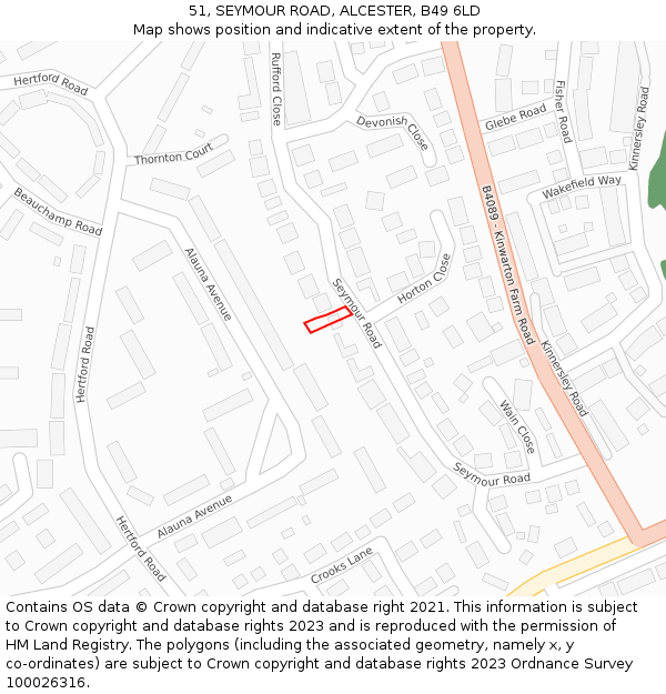 51, SEYMOUR ROAD, ALCESTER, B49 6LD: Location map and indicative extent of plot