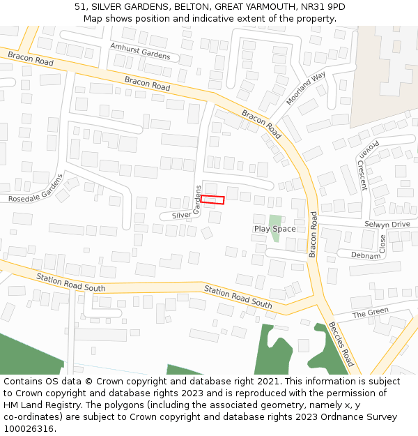 51, SILVER GARDENS, BELTON, GREAT YARMOUTH, NR31 9PD: Location map and indicative extent of plot