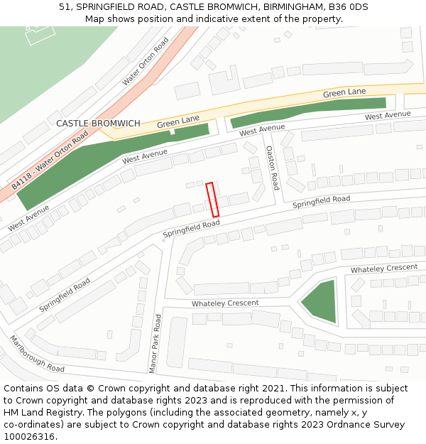 51, SPRINGFIELD ROAD, CASTLE BROMWICH, BIRMINGHAM, B36 0DS: Location map and indicative extent of plot