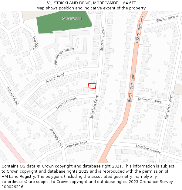 51, STRICKLAND DRIVE, MORECAMBE, LA4 6TE: Location map and indicative extent of plot