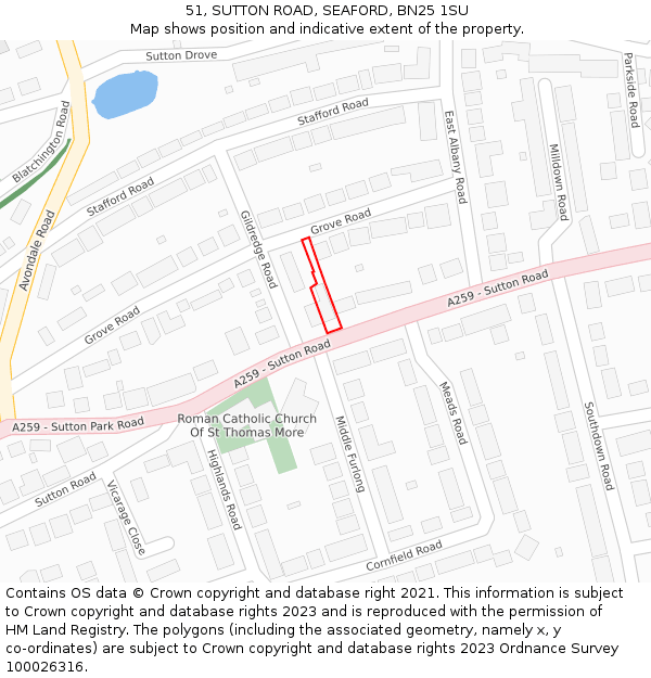 51, SUTTON ROAD, SEAFORD, BN25 1SU: Location map and indicative extent of plot