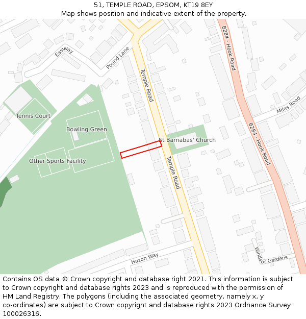 51, TEMPLE ROAD, EPSOM, KT19 8EY: Location map and indicative extent of plot