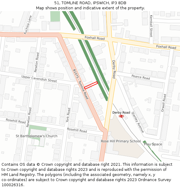 51, TOMLINE ROAD, IPSWICH, IP3 8DB: Location map and indicative extent of plot