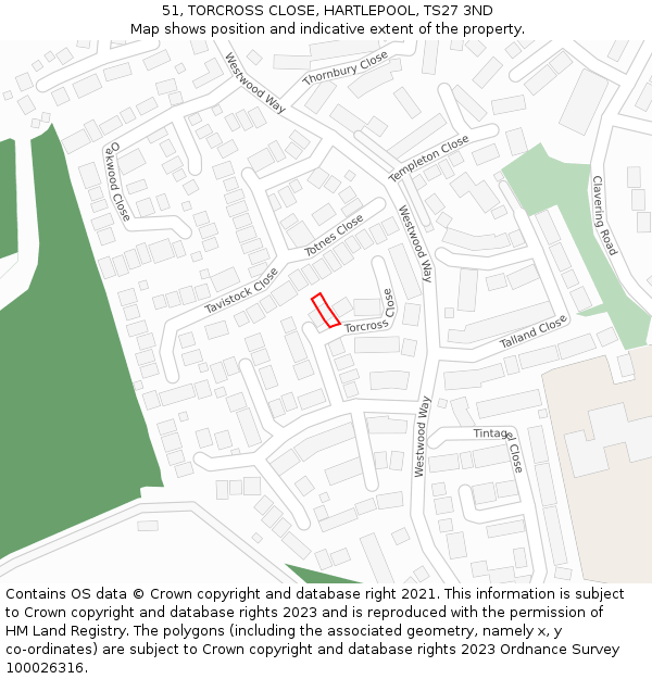 51, TORCROSS CLOSE, HARTLEPOOL, TS27 3ND: Location map and indicative extent of plot