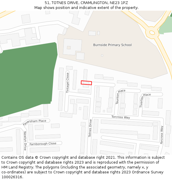 51, TOTNES DRIVE, CRAMLINGTON, NE23 1PZ: Location map and indicative extent of plot