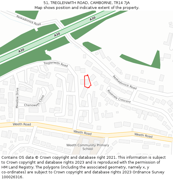51, TREGLENWITH ROAD, CAMBORNE, TR14 7JA: Location map and indicative extent of plot