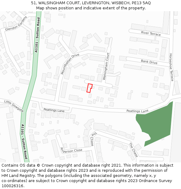 51, WALSINGHAM COURT, LEVERINGTON, WISBECH, PE13 5AQ: Location map and indicative extent of plot