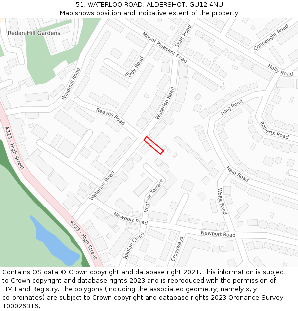51, WATERLOO ROAD, ALDERSHOT, GU12 4NU: Location map and indicative extent of plot