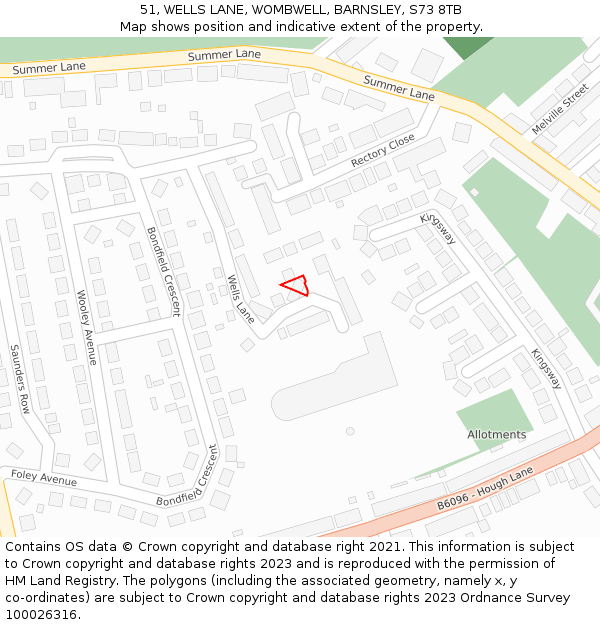 51, WELLS LANE, WOMBWELL, BARNSLEY, S73 8TB: Location map and indicative extent of plot