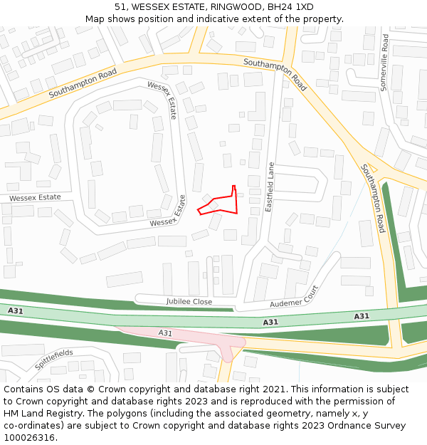 51, WESSEX ESTATE, RINGWOOD, BH24 1XD: Location map and indicative extent of plot
