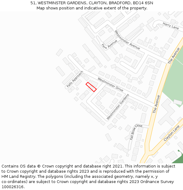 51, WESTMINSTER GARDENS, CLAYTON, BRADFORD, BD14 6SN: Location map and indicative extent of plot