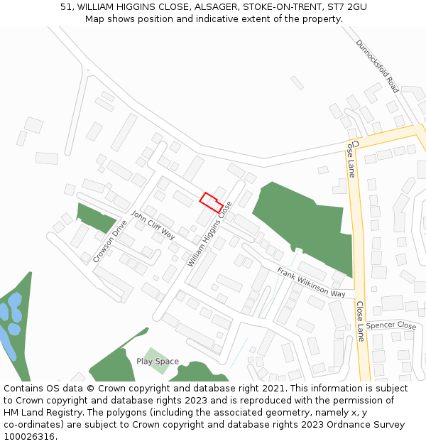 51, WILLIAM HIGGINS CLOSE, ALSAGER, STOKE-ON-TRENT, ST7 2GU: Location map and indicative extent of plot
