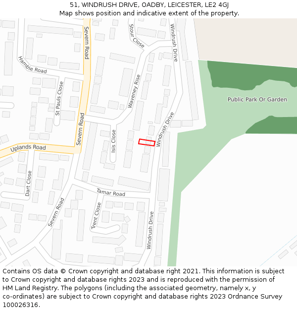 51, WINDRUSH DRIVE, OADBY, LEICESTER, LE2 4GJ: Location map and indicative extent of plot