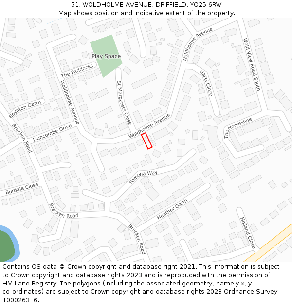 51, WOLDHOLME AVENUE, DRIFFIELD, YO25 6RW: Location map and indicative extent of plot