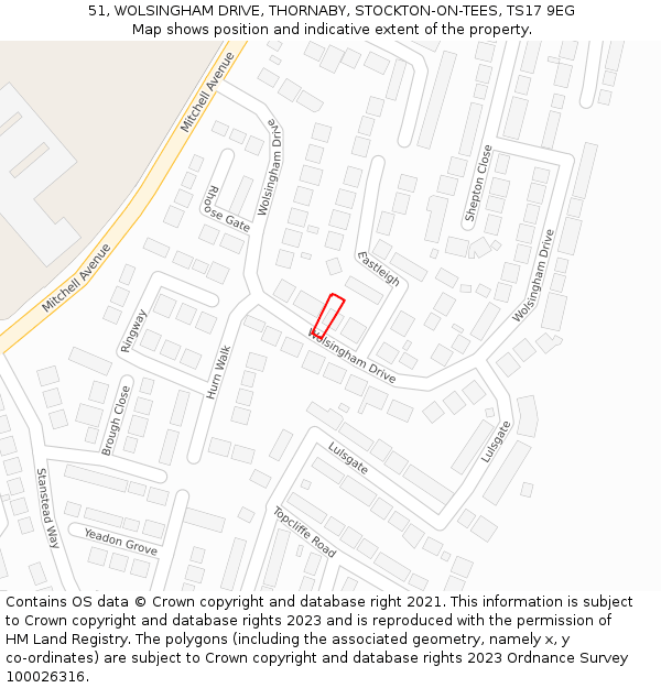51, WOLSINGHAM DRIVE, THORNABY, STOCKTON-ON-TEES, TS17 9EG: Location map and indicative extent of plot