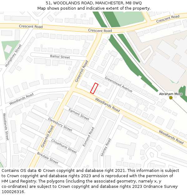 51, WOODLANDS ROAD, MANCHESTER, M8 0WQ: Location map and indicative extent of plot