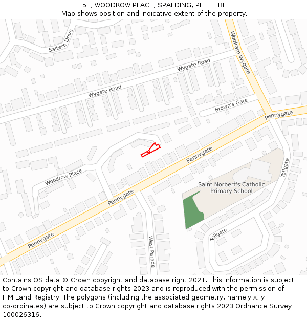 51, WOODROW PLACE, SPALDING, PE11 1BF: Location map and indicative extent of plot