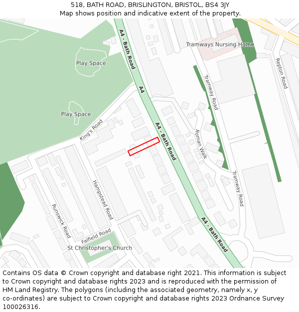 518, BATH ROAD, BRISLINGTON, BRISTOL, BS4 3JY: Location map and indicative extent of plot