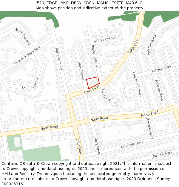 519, EDGE LANE, DROYLSDEN, MANCHESTER, M43 6LG: Location map and indicative extent of plot