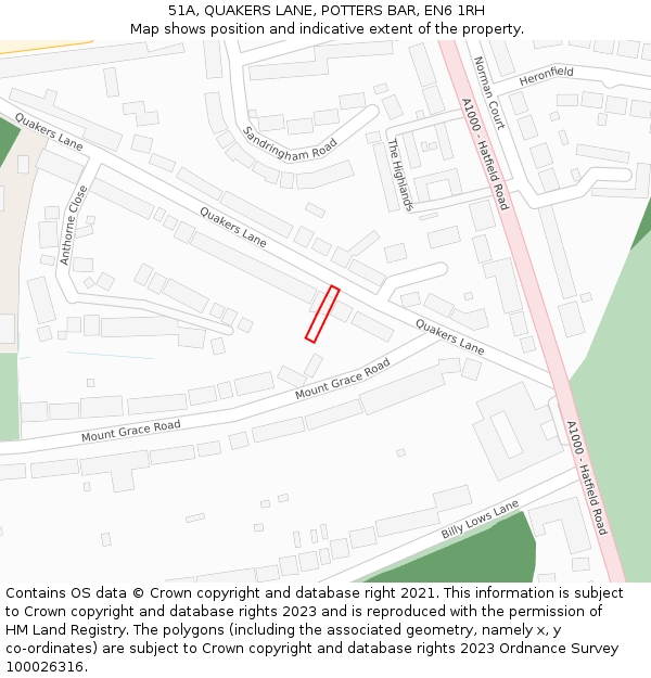 51A, QUAKERS LANE, POTTERS BAR, EN6 1RH: Location map and indicative extent of plot