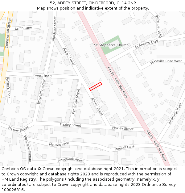 52, ABBEY STREET, CINDERFORD, GL14 2NP: Location map and indicative extent of plot