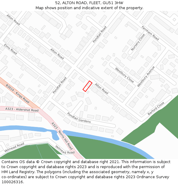 52, ALTON ROAD, FLEET, GU51 3HW: Location map and indicative extent of plot