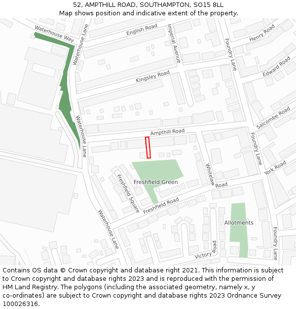 52, AMPTHILL ROAD, SOUTHAMPTON, SO15 8LL: Location map and indicative extent of plot