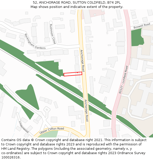 52, ANCHORAGE ROAD, SUTTON COLDFIELD, B74 2PL: Location map and indicative extent of plot