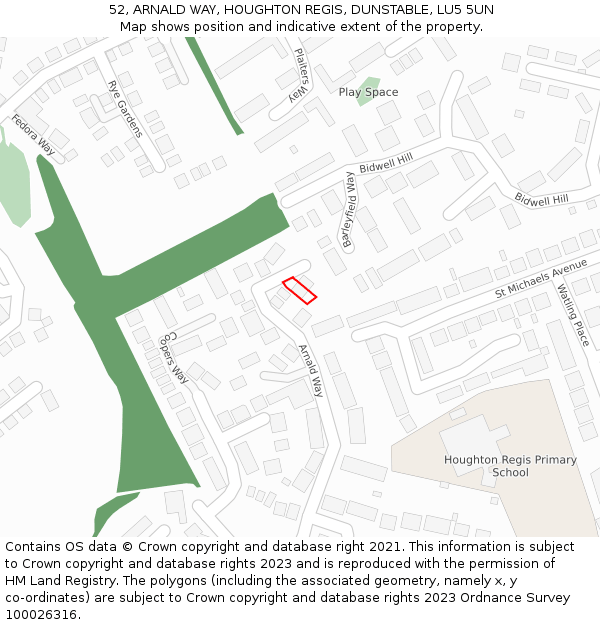 52, ARNALD WAY, HOUGHTON REGIS, DUNSTABLE, LU5 5UN: Location map and indicative extent of plot