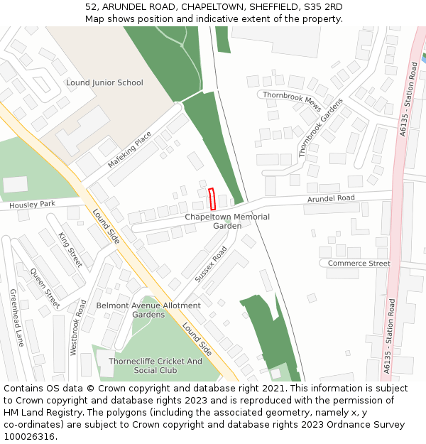 52, ARUNDEL ROAD, CHAPELTOWN, SHEFFIELD, S35 2RD: Location map and indicative extent of plot