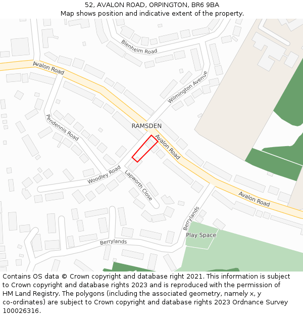 52, AVALON ROAD, ORPINGTON, BR6 9BA: Location map and indicative extent of plot