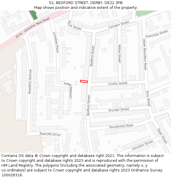 52, BEDFORD STREET, DERBY, DE22 3PB: Location map and indicative extent of plot