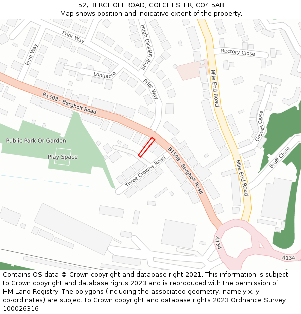 52, BERGHOLT ROAD, COLCHESTER, CO4 5AB: Location map and indicative extent of plot