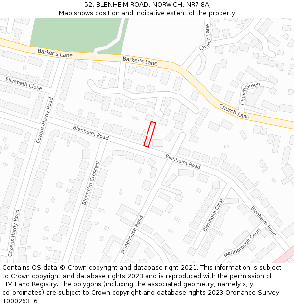 52, BLENHEIM ROAD, NORWICH, NR7 8AJ: Location map and indicative extent of plot