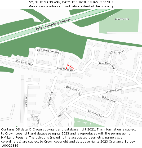 52, BLUE MANS WAY, CATCLIFFE, ROTHERHAM, S60 5UR: Location map and indicative extent of plot