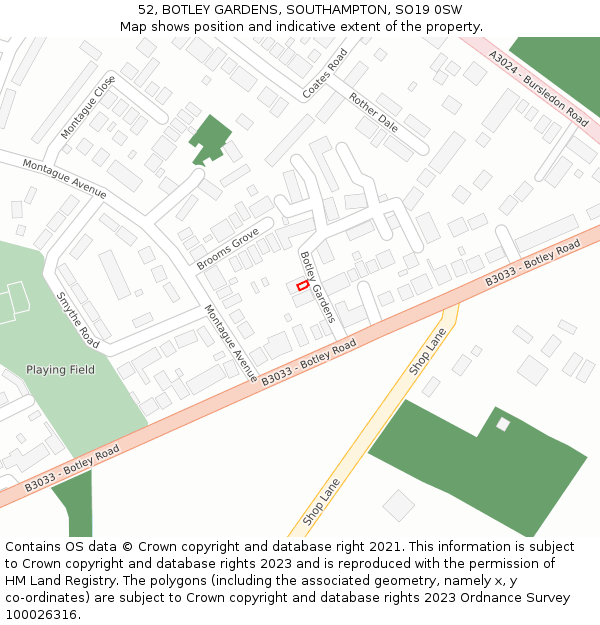 52, BOTLEY GARDENS, SOUTHAMPTON, SO19 0SW: Location map and indicative extent of plot