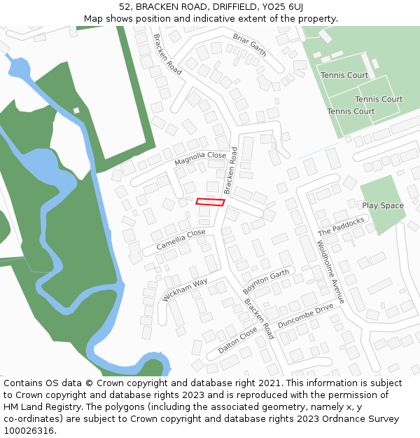 52, BRACKEN ROAD, DRIFFIELD, YO25 6UJ: Location map and indicative extent of plot