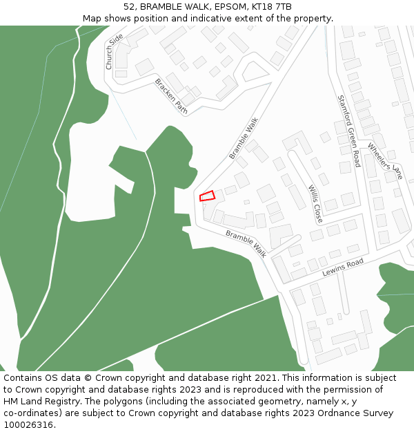 52, BRAMBLE WALK, EPSOM, KT18 7TB: Location map and indicative extent of plot
