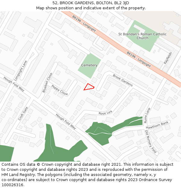 52, BROOK GARDENS, BOLTON, BL2 3JD: Location map and indicative extent of plot