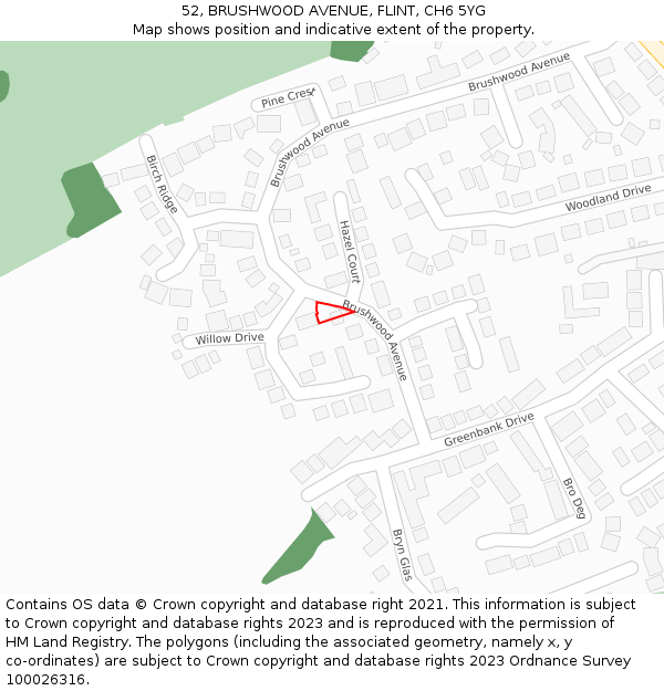 52, BRUSHWOOD AVENUE, FLINT, CH6 5YG: Location map and indicative extent of plot