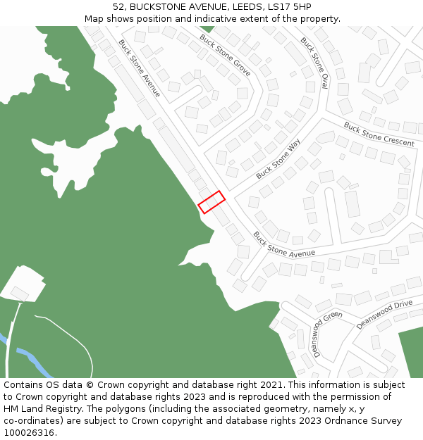 52, BUCKSTONE AVENUE, LEEDS, LS17 5HP: Location map and indicative extent of plot