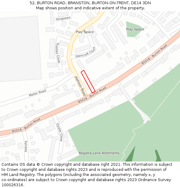 52, BURTON ROAD, BRANSTON, BURTON-ON-TRENT, DE14 3DN: Location map and indicative extent of plot