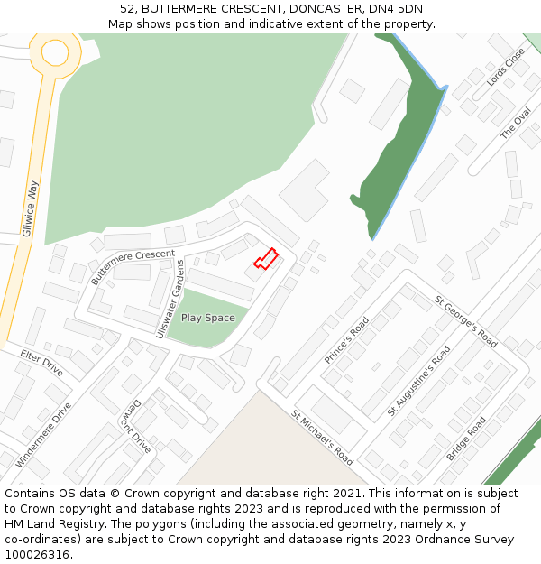 52, BUTTERMERE CRESCENT, DONCASTER, DN4 5DN: Location map and indicative extent of plot